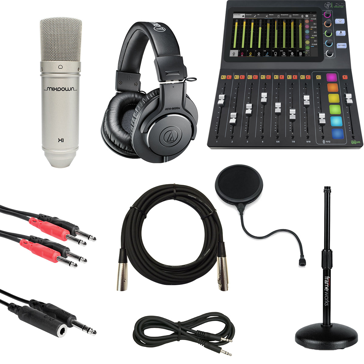 Collage image of the Mackie DLZ Creator Digital Podcasting/Streaming Mixer STUDIO KIT