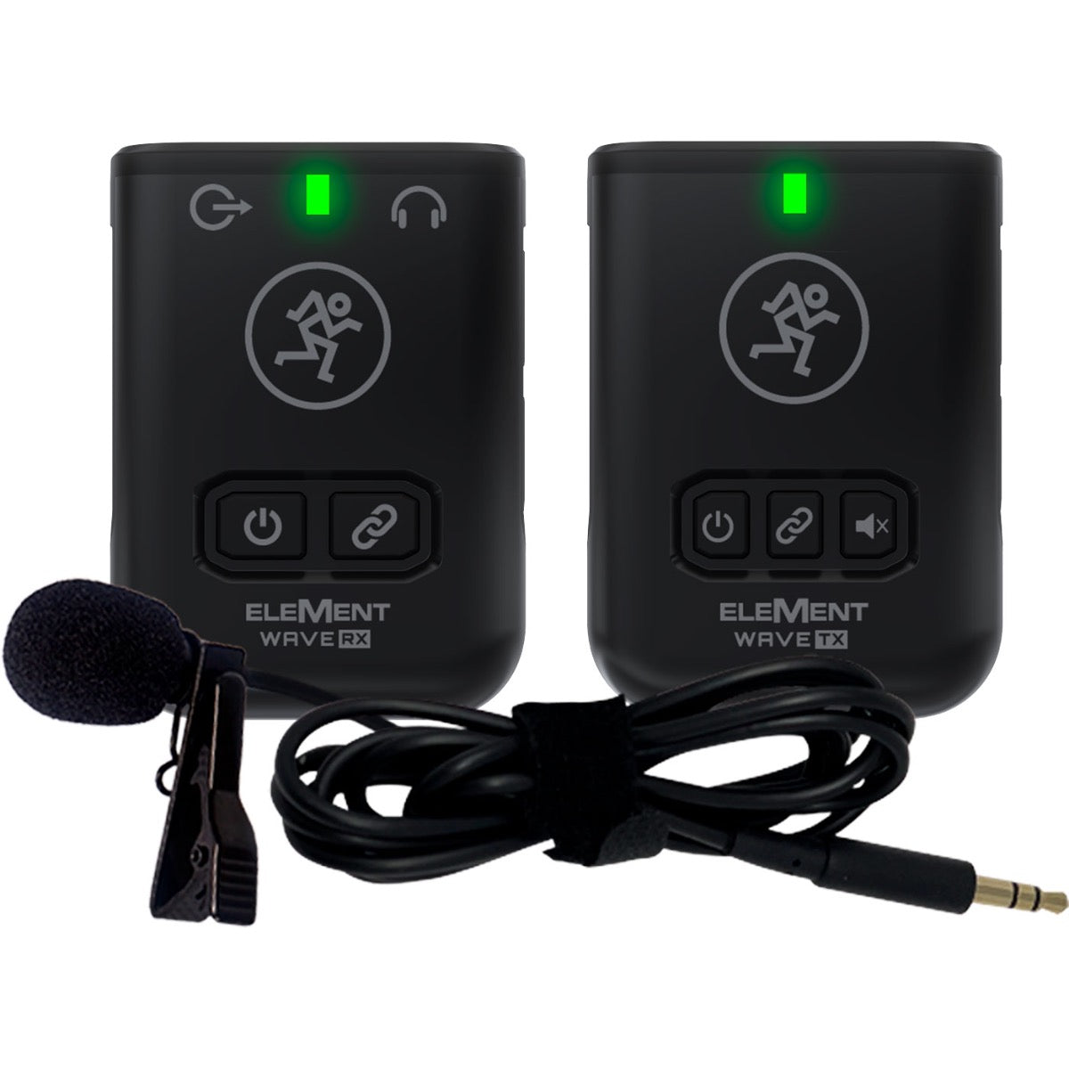 Front view of Mackie Element Wave LAV Wireless Microphone System transmitter, receiver and lavalier microphone