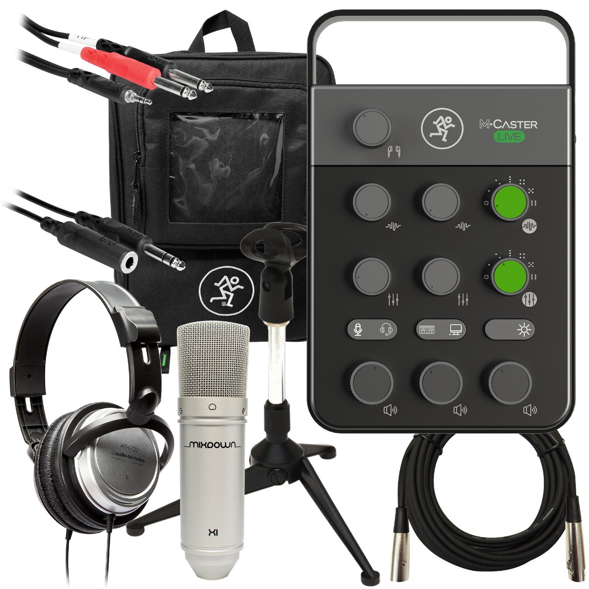 Collage of the components in the Mackie M-Caster Live Portable Live Streaming Mixer - Black COMPLETE AUDIO BUNDLE