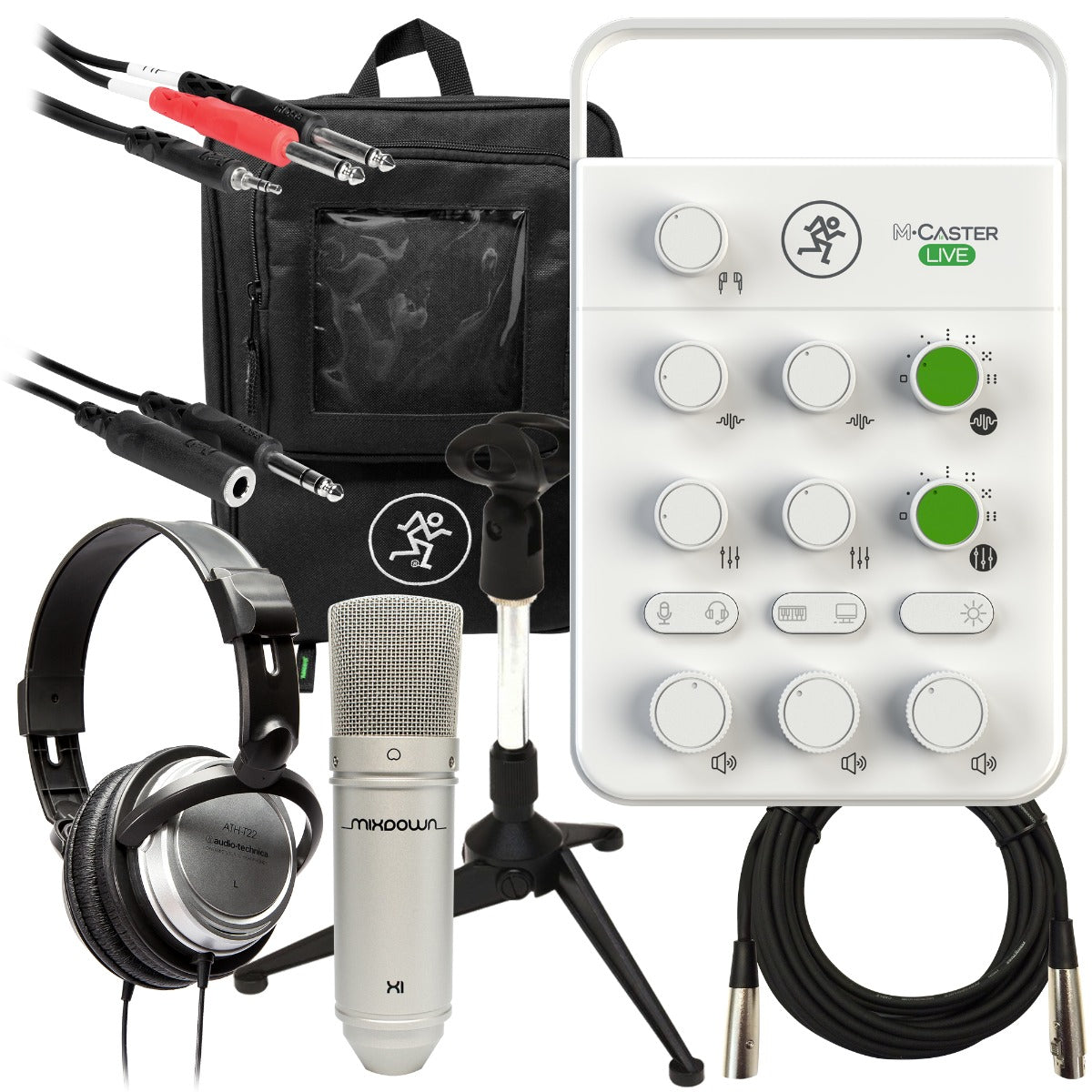 Collage of the components in the Mackie M-Caster Live Portable Live Streaming Mixer - White COMPLETE AUDIO BUNDLE