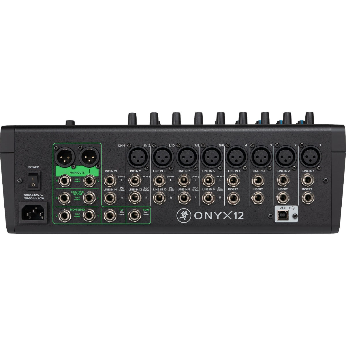 Rear view of Mackie Onyx12 12-Channel Analog Mixer w/Multitrack USB