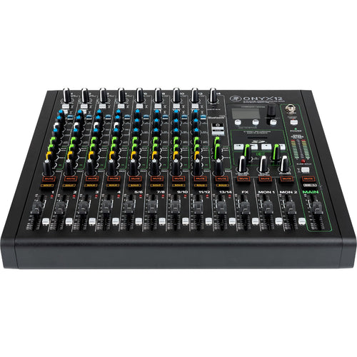 Perspective view of Mackie Onyx12 12-Channel Analog Mixer w/Multitrack USB showing top and front