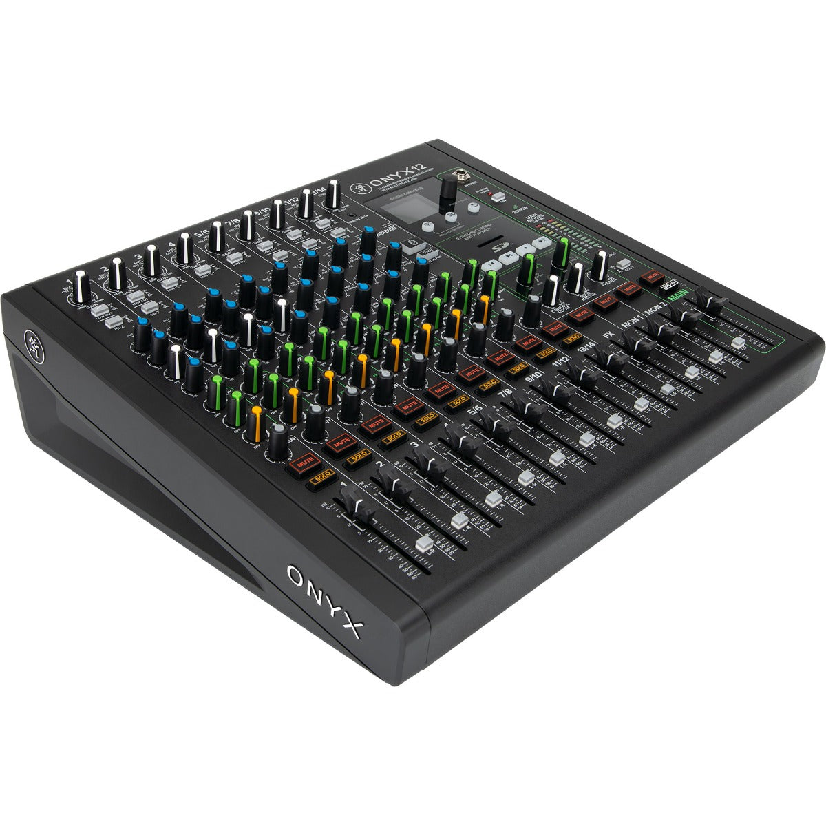 3/4 view of Mackie Onyx12 12-Channel Analog Mixer w/Multitrack USB showing top, left side and front