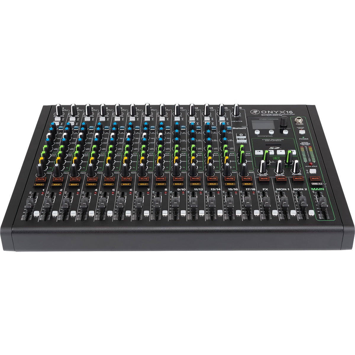 Perspective view of Mackie Onyx16 16-Channel Analog Mixer w/Multitrack USB showing top and front