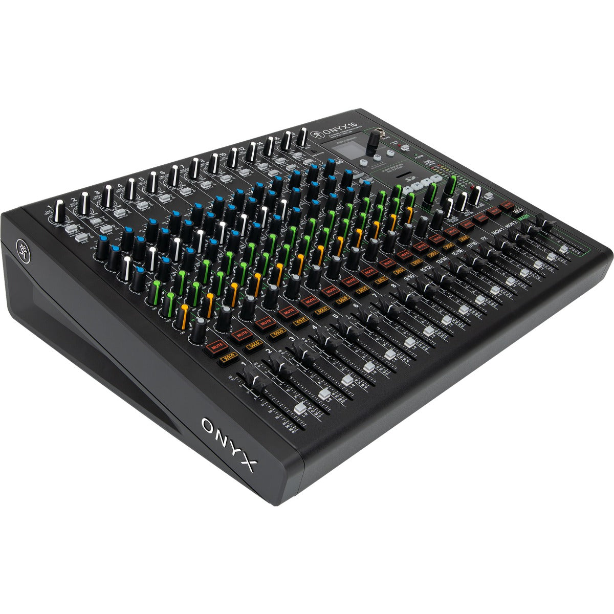 3/4 view of Mackie Onyx16 16-Channel Analog Mixer w/Multitrack USB showing top, left side and front