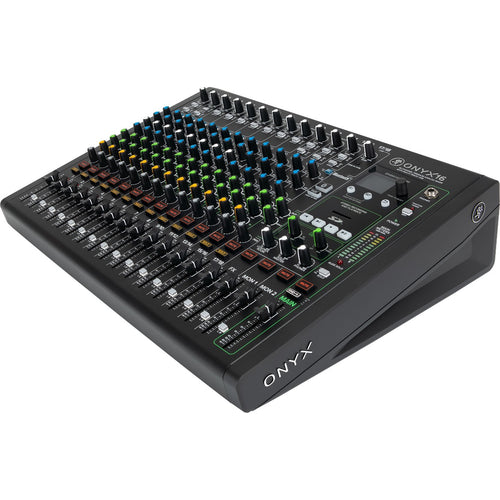 3/4 view of Mackie Onyx16 16-Channel Analog Mixer w/Multitrack USB showing top, right side and front