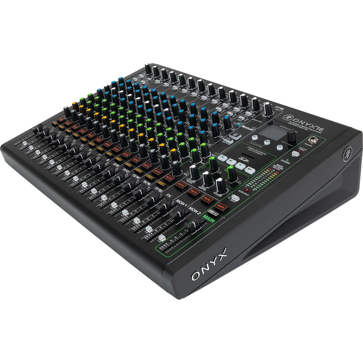 3/4 view of Mackie Onyx16 16-Channel Analog Mixer w/Multitrack USB showing top, right side and front