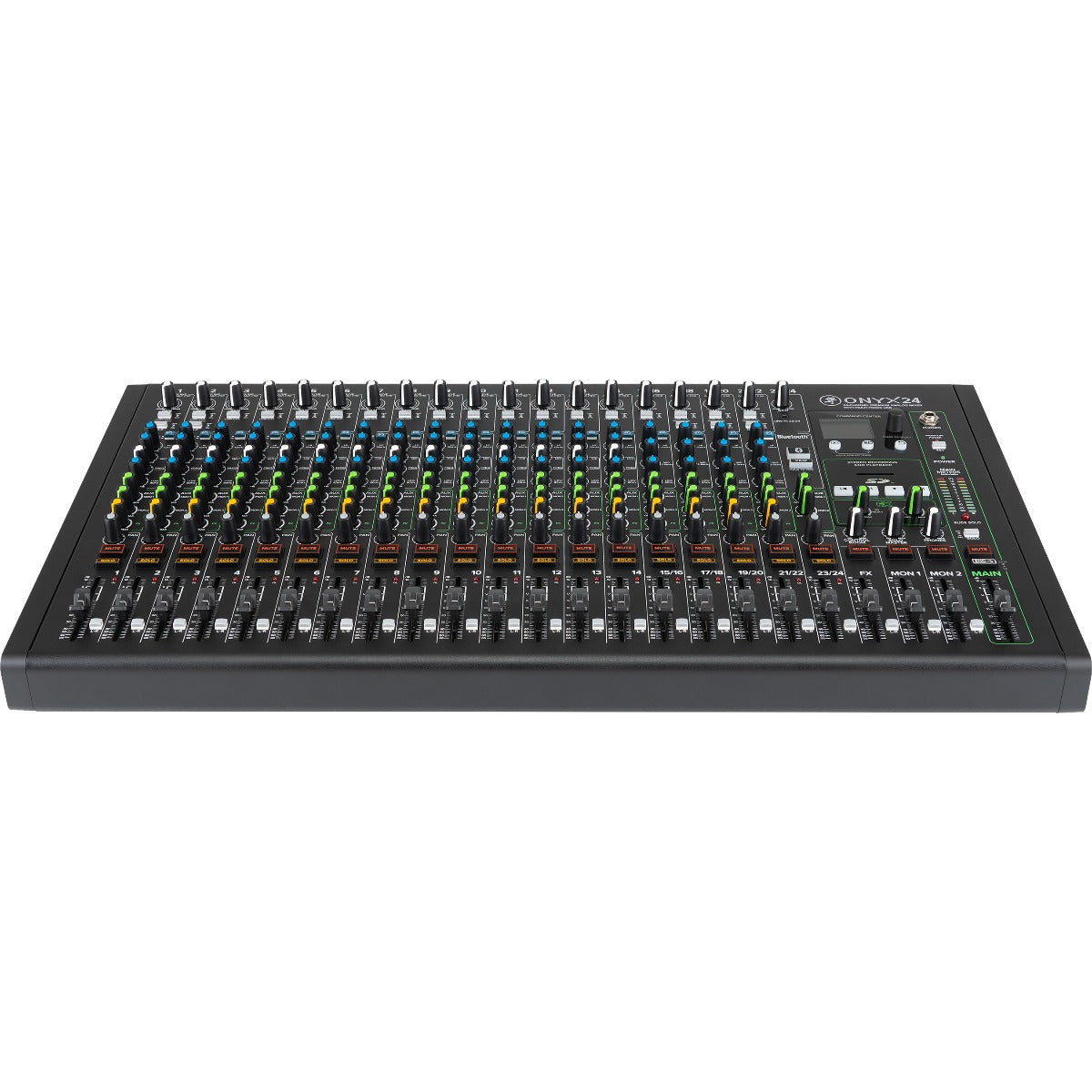 Perspective view of Mackie Onyx24 24-Channel Analog Mixer w/Multitrack USB showing top and front