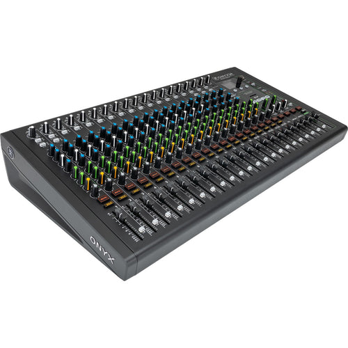 3/4 view of Mackie Onyx24 24-Channel Analog Mixer w/Multitrack USB showing top, left side and front