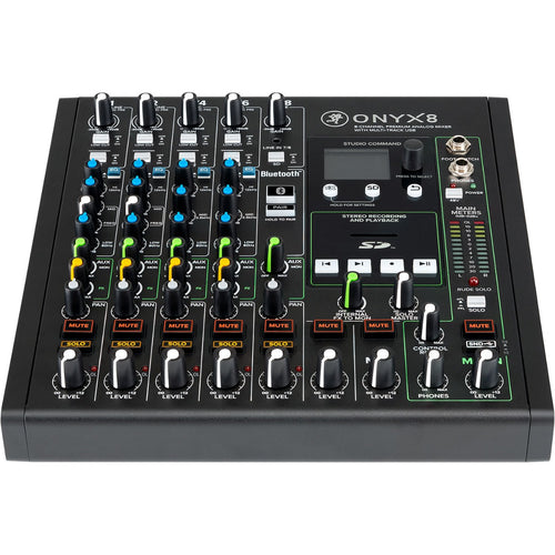 Perspective view of Mackie Onyx8 8-Channel Analog Mixer w/Multitrack USB showing top and front