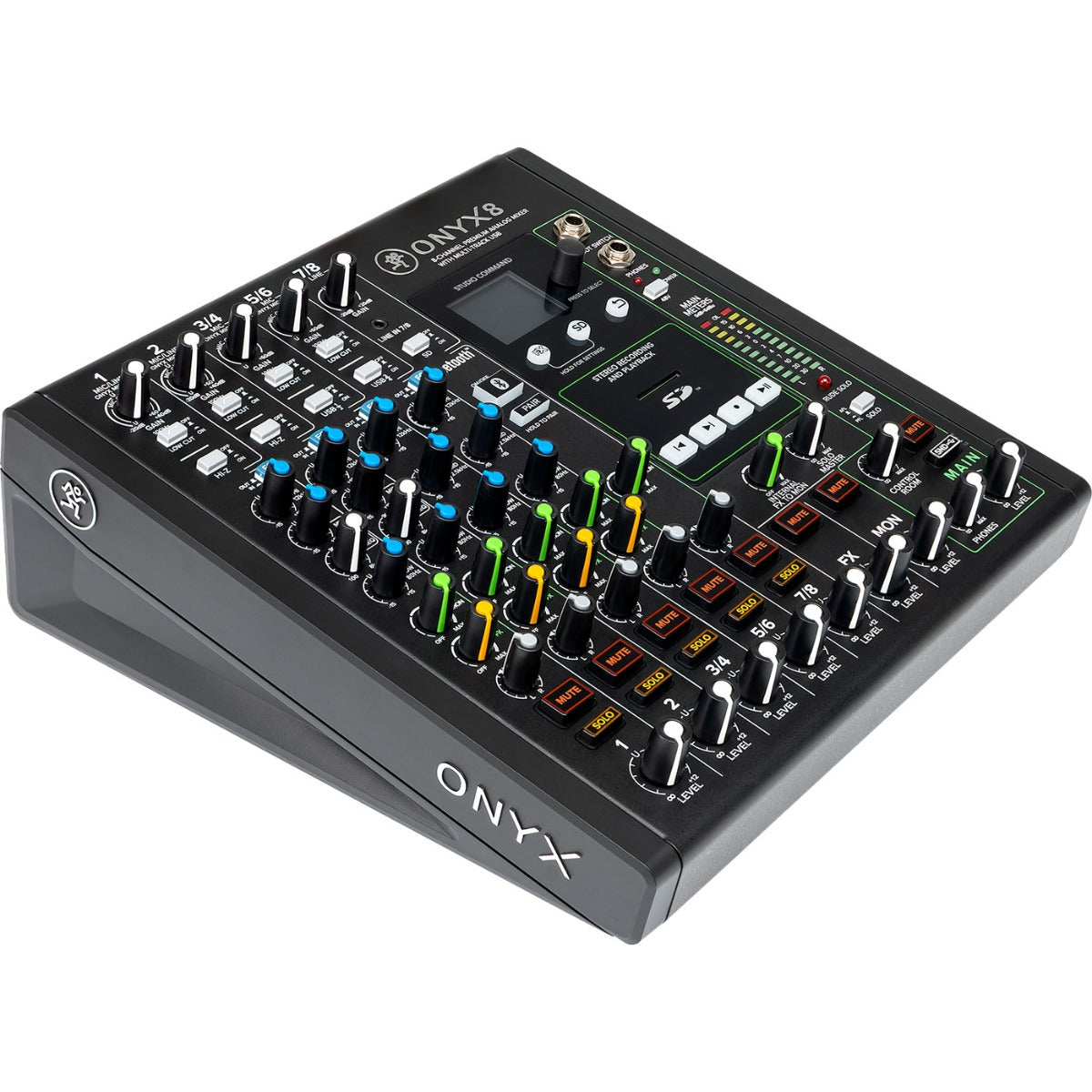 3/4 view of Mackie Onyx8 8-Channel Analog Mixer w/Multitrack USB showing top, left side and front