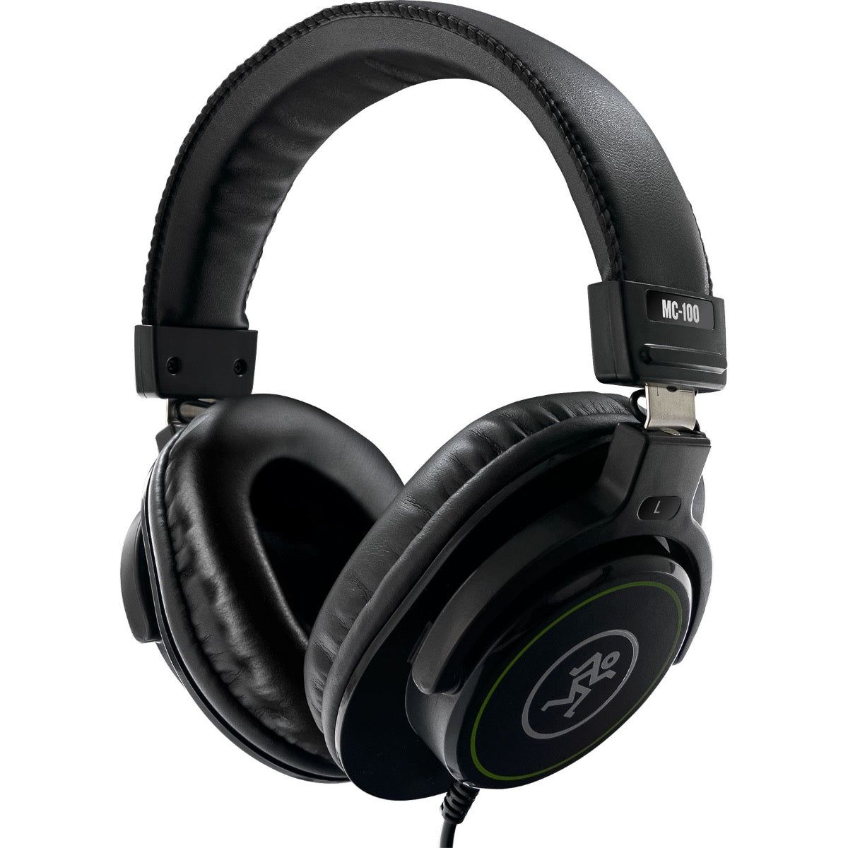 Perspective view of Mackie MC-100 headphones showing front and right side