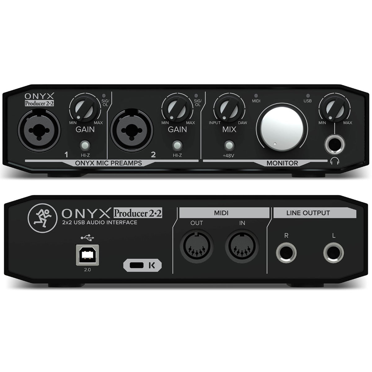 Stacked front and rear views of Mackie Onyx Producer 2•2 audio interface