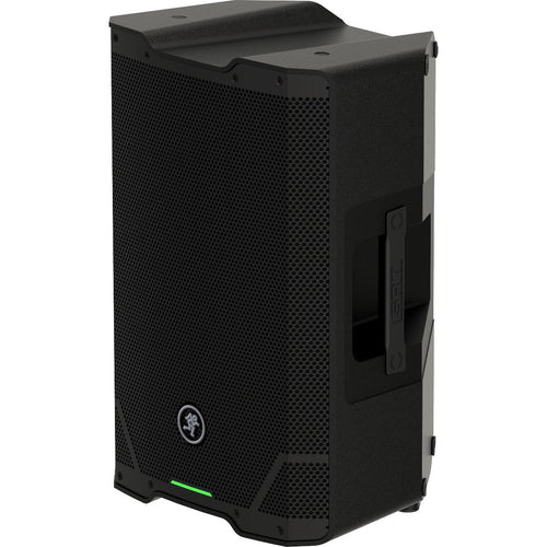 3/4 view of Mackie SRT210 10" 1600W Powered Loudspeaker showing front, right side and top
