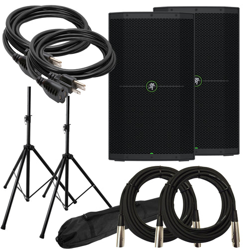 Collage of the components in the Mackie Thump 212XT 1400W 12" Enhanced Powered Speaker AUDIO ESSENTIALS BUNDLE