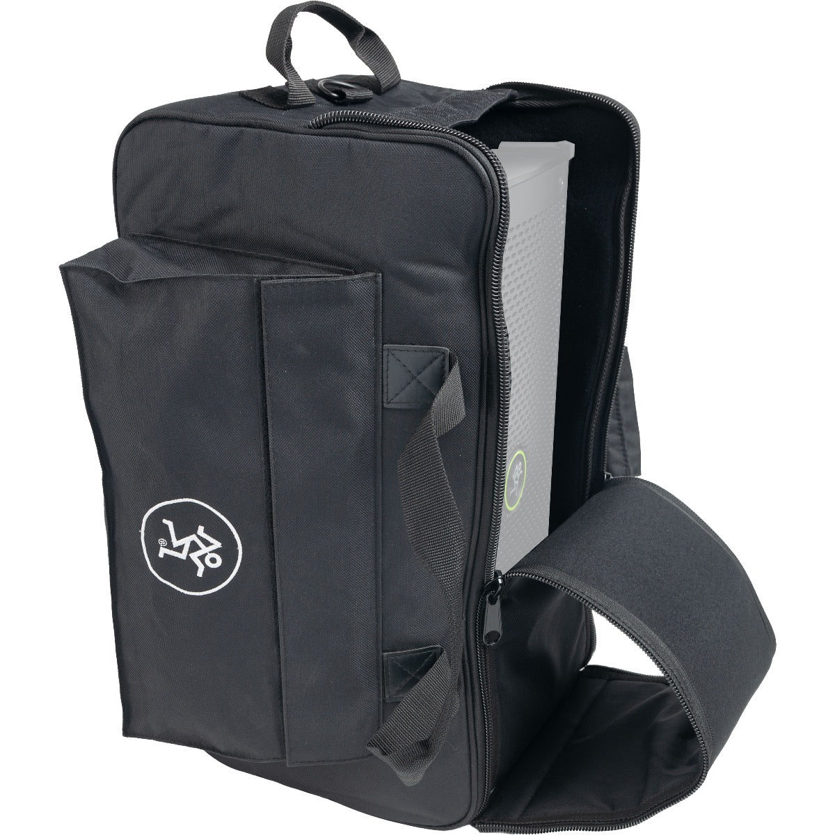 3/4 view of Mackie Thump Go Carry Bag showing top, front and left side with top open and Thump Go loudspeaker inside (sold separately) shown for reference