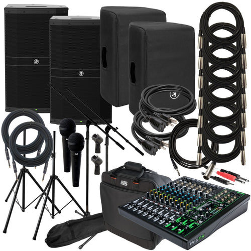 Collage of the Mackie DRM212 Powered Loudspeaker COMPLETE AUDIO BUNDLE showing included components