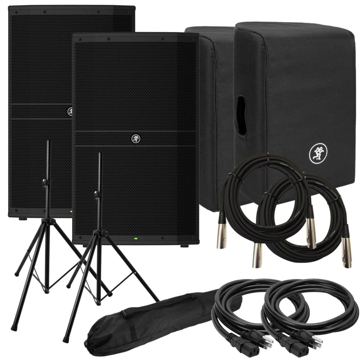 Collage of the Mackie DRM215 Powered Loudspeaker AUDIO ESSENTIALS BUNDLE showing included components