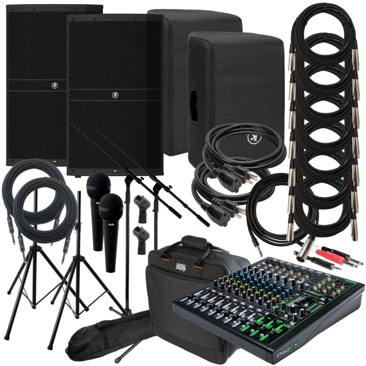 Collage of the Mackie DRM215 Powered Loudspeaker COMPLETE AUDIO BUNDLE showing included components