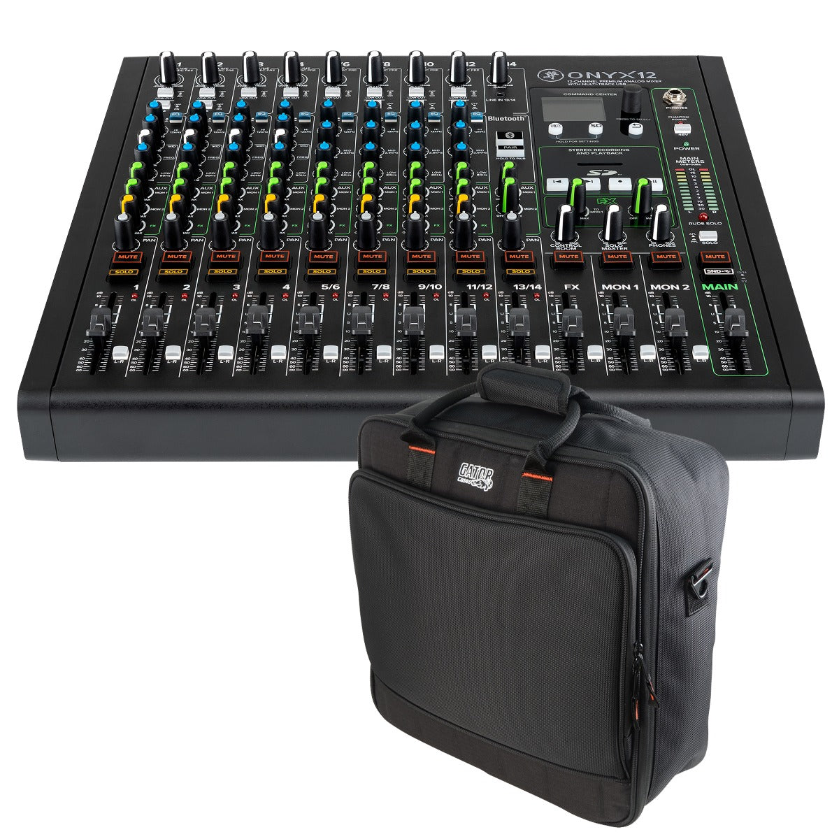 Collage image of the Mackie Onyx12 12-Channel Analog Mixer w/Multitrack USB CARRY BAG KIT bundle