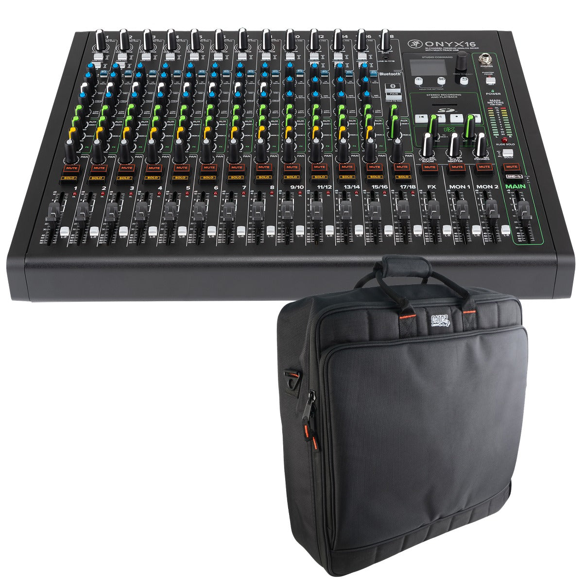 Collage image of the Mackie Onyx16 16-Channel Analog Mixer w/Multitrack USB CARRY BAG KIT bundle