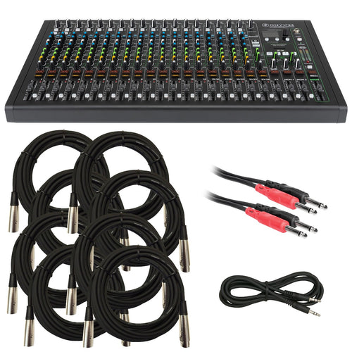 Collage image of the Mackie Onyx24 24-Channel Analog Mixer w/Multitrack USB CABLE KIT bundle