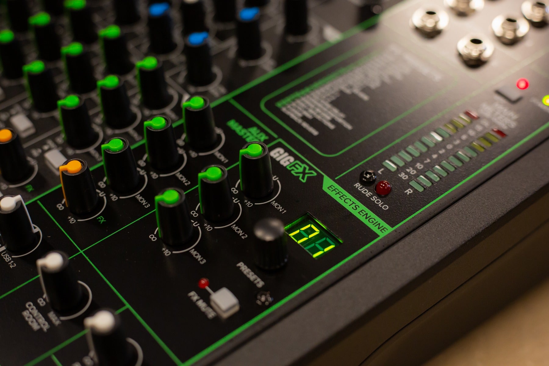 Close up view of the Effects Engine controls for the Mackie ProFX16v3 Effects Mixer with USB