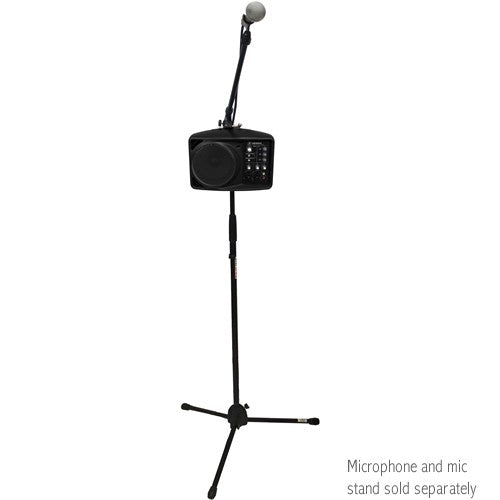 mackie srm150 portable pa mounted on mic stand