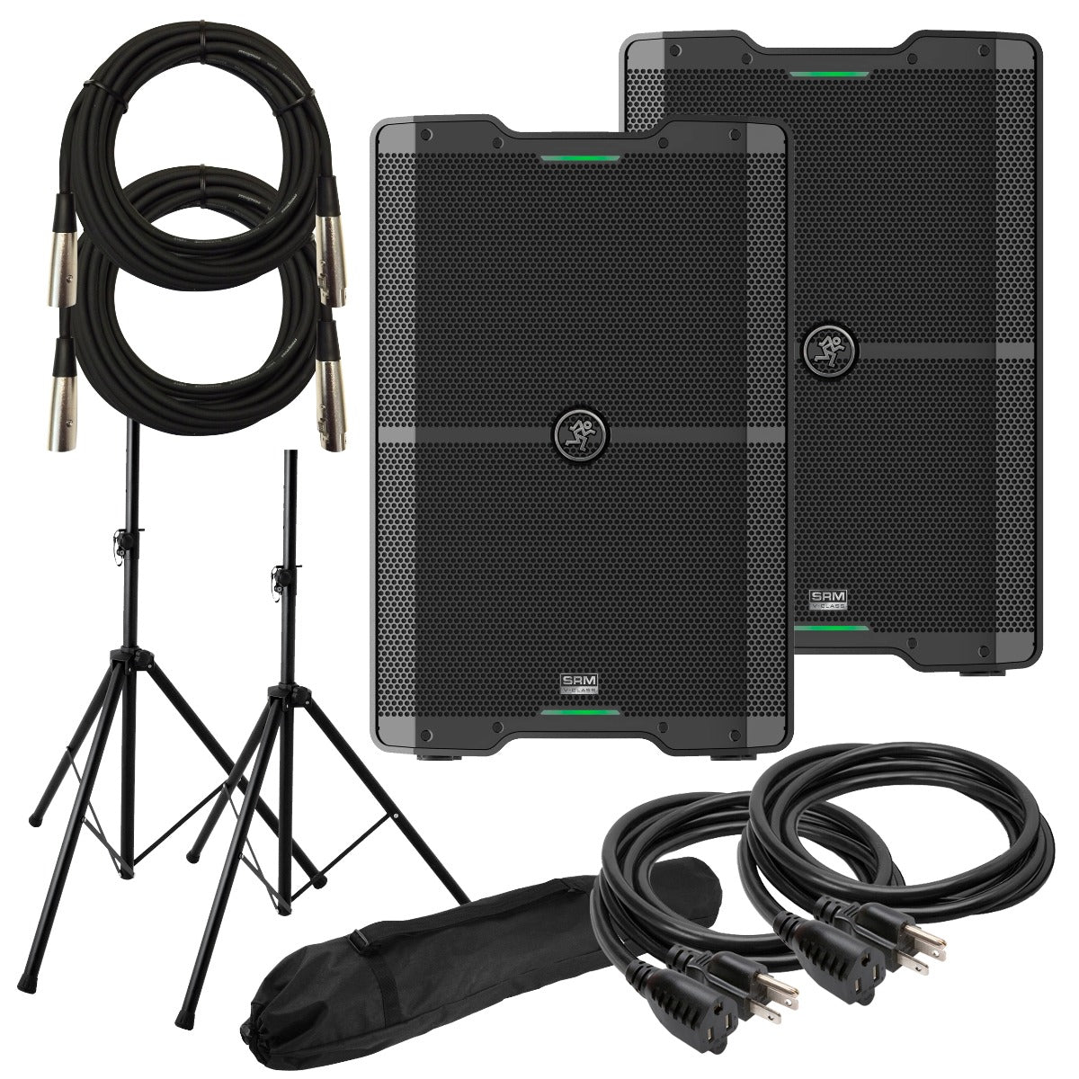 Collage of two Mackie SRM210 V-Class speakers with two stands, XLR cables, and power cables, as well as a carry bag for the stands.