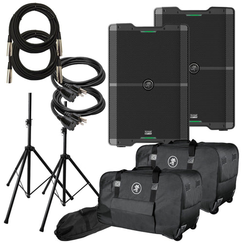 Collage showing two Mackie SRM210 V-Class Speakers, two carry bags, two xlr cables, two power cables, two stands, and one stand bag.