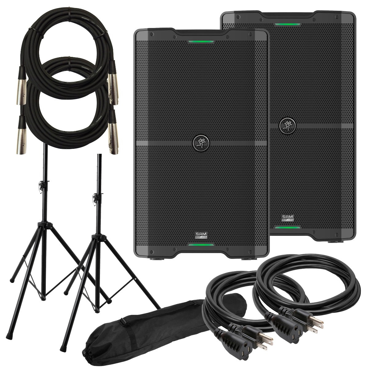 Collage of two Mackie SRM212 speakers with two speaker stands, two power cables, 
 two XLR cables and a speaker stand bag