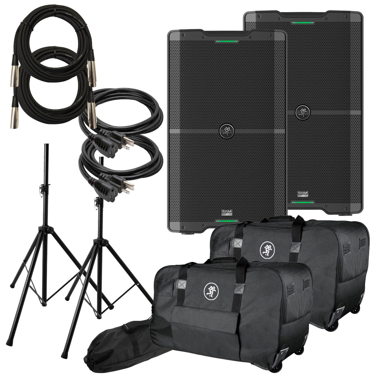 Collage of two Mackie SRM212 speakers with two speaker stands, two power cables, 
 two XLR cables and a speaker stand bag