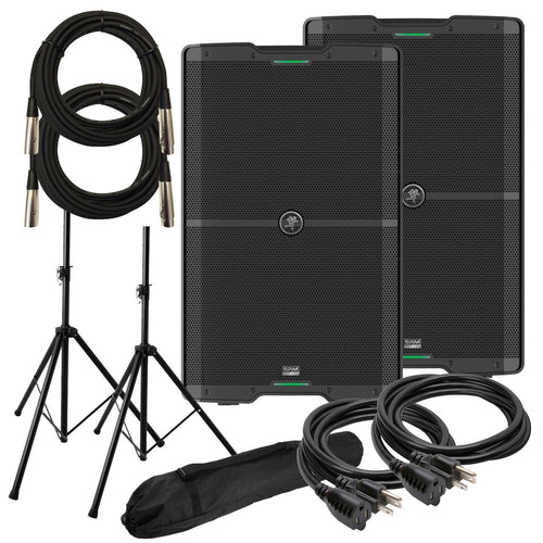 Collage with two Mackie SRM215 V-Class speakers, two power cables, two microphone cables, two speaker stands, and a speaker stand bag