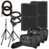 Collage with two Mackie SRM215 V-Class speakers, two power cables, two microphone cables, two speaker stands, two rolling speaker bags, and a speaker stand bag