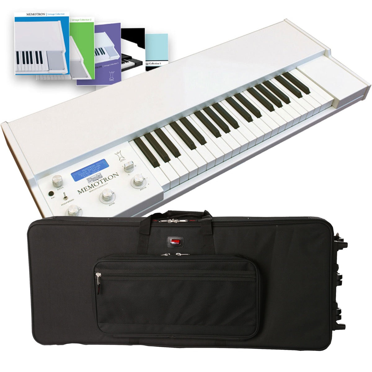 Collage showing components in Manikin Electronic Memotron Extended M2K Keyboard CARRY BAG KIT