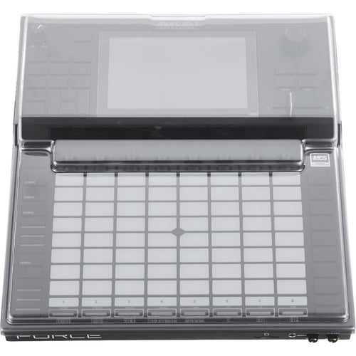 Perspective view of Decksaver Akai Professional Force Cover fitted onto Akai Professional Force (sold separately) showing top and front