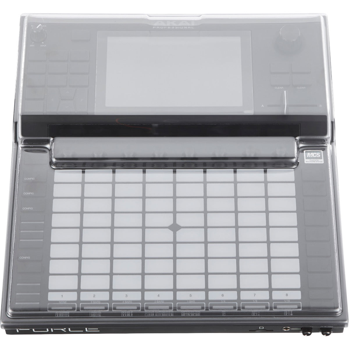 Perspective view of Decksaver Akai Professional Force Cover fitted onto Akai Professional Force (sold separately) showing top and front