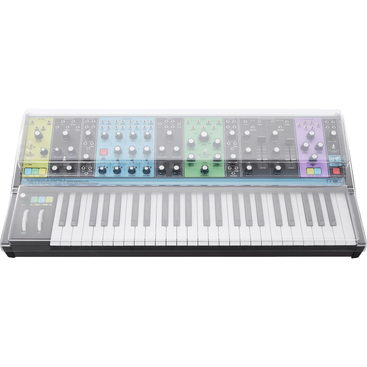 Perspective view of Decksaver Moog Matriarch / Matriarch Dark Cover fitted onto Moog Matriarch (sold separately) showing top and front