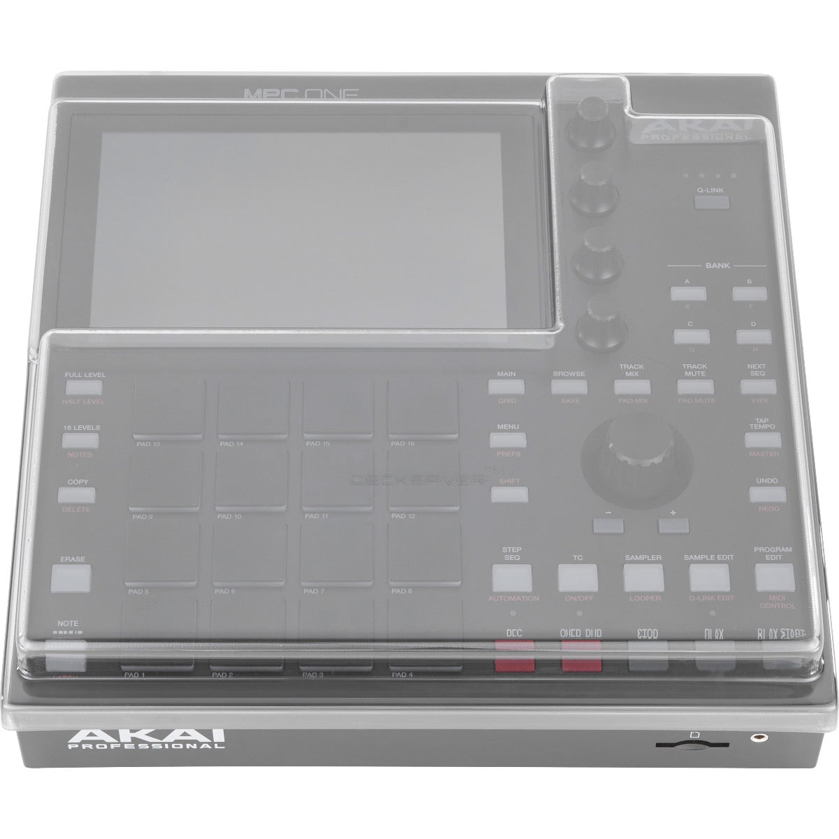Perspective view of Decksaver Akai Professional MPC One Cover fitted onto Akai Professional MPC One (sold separately) showing top and front