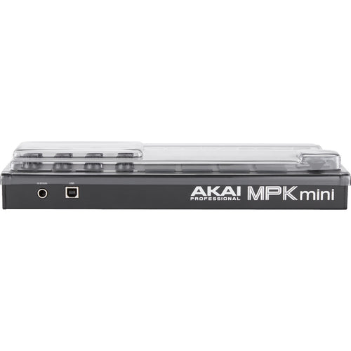 Perspective view of Decksaver Akai Professional MPK Mini Mk3 Cover fitted onto Akai Professional MPK Mini Mk3 (sold separately) showing rear and top