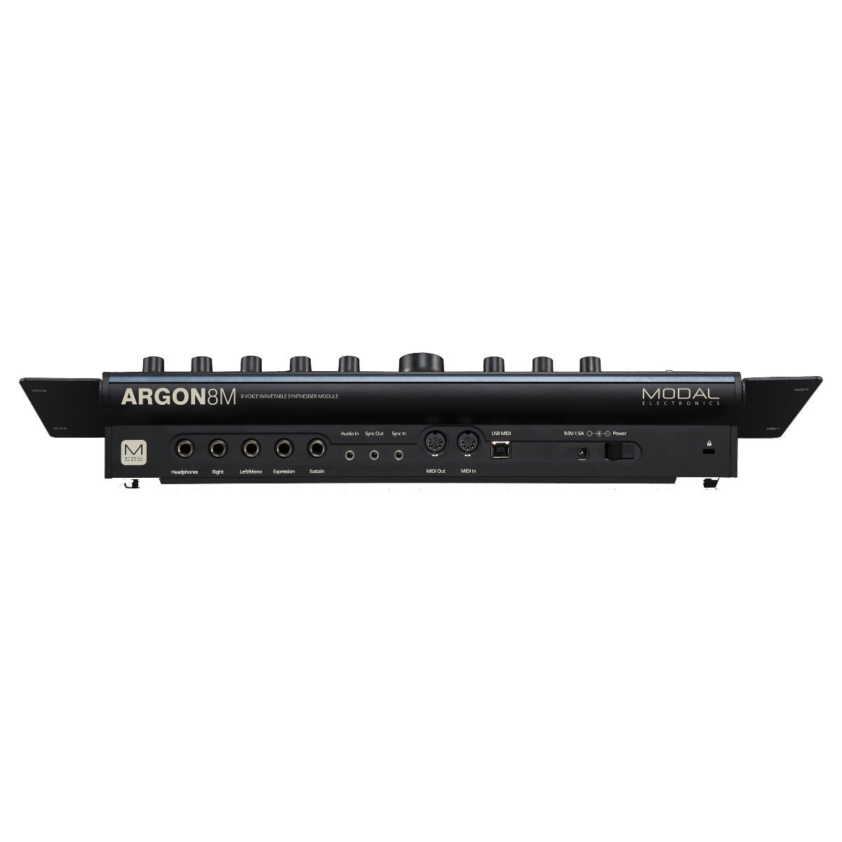 Rear view of Modal Electronics Argon8M Polyphonic Wavetable Synthesizer Module with rack ears attached