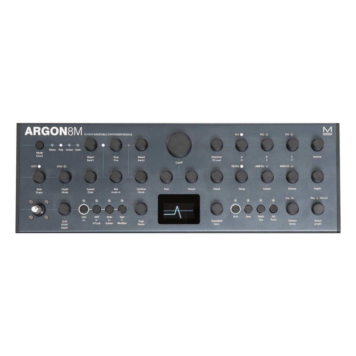 Front view of Modal Electronics Argon8M Polyphonic Wavetable Synthesizer Module