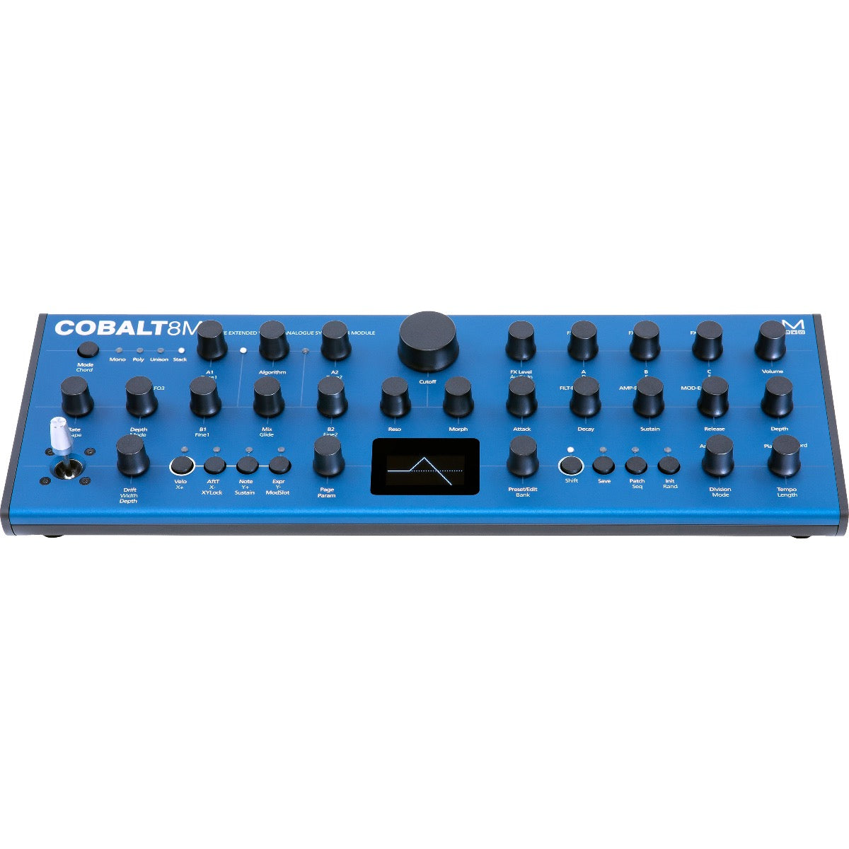 Perspective view of Modal Electronics Cobalt8M Virtual Analog Synthesizer Module showing top and front
