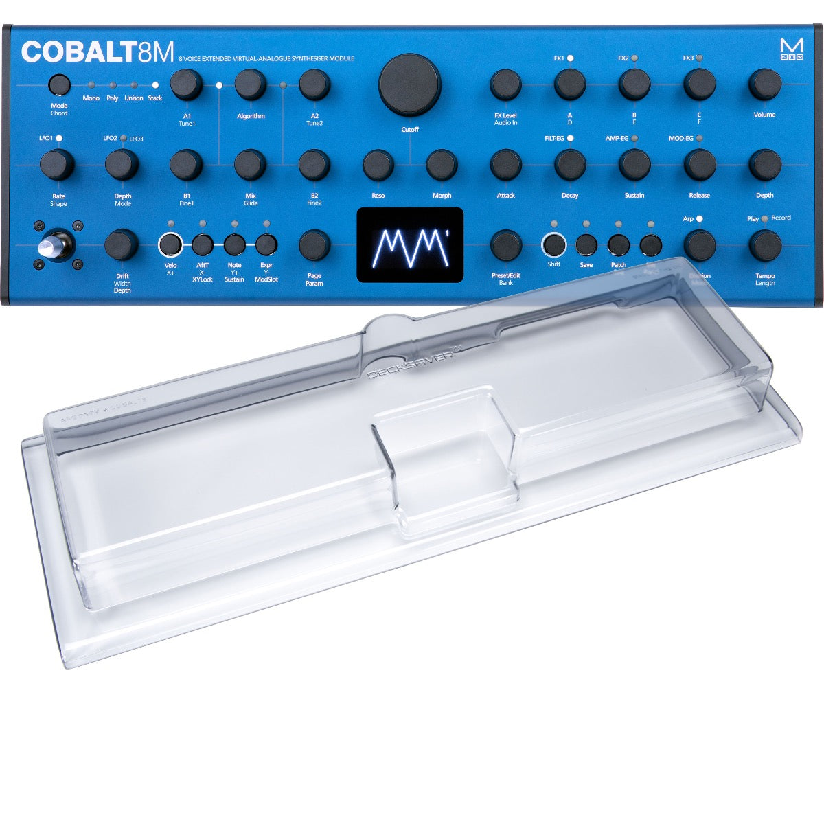 Collage showing components in Modal Electronics Cobalt8M Virtual Analog Synthesizer Module DECKSAVER KIT