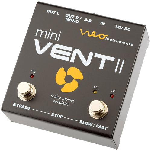 3/4 view showing top, right edge and front edge of Neo Instruments Mini Vent II Rotary Effects Pedal