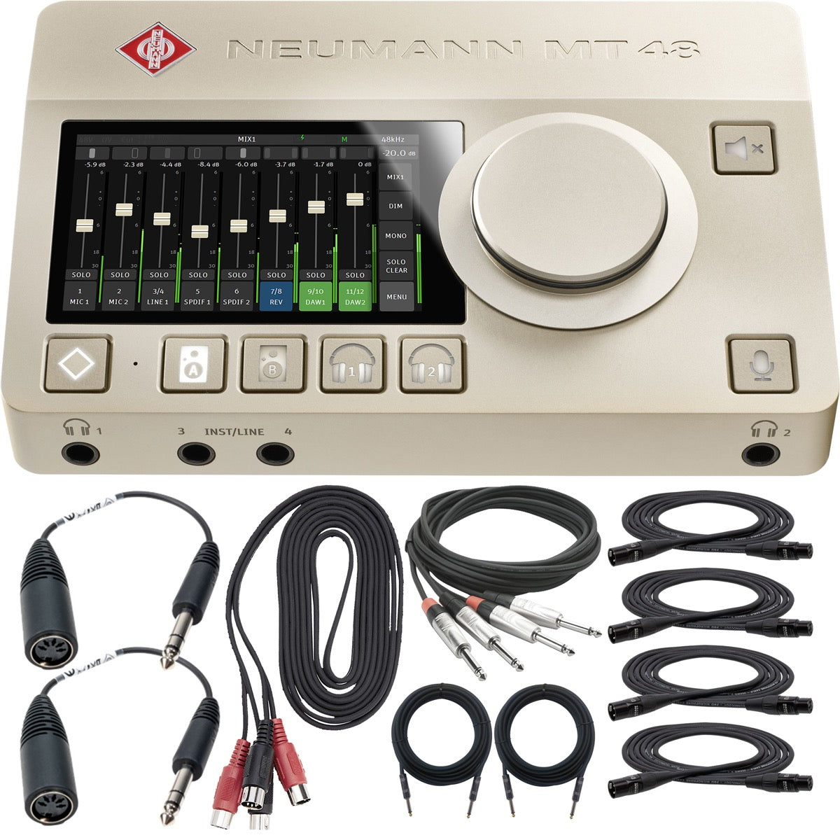 Collage showing components in Neumann MT 48 12in/16out USB-C Audio Interface CABLE KIT