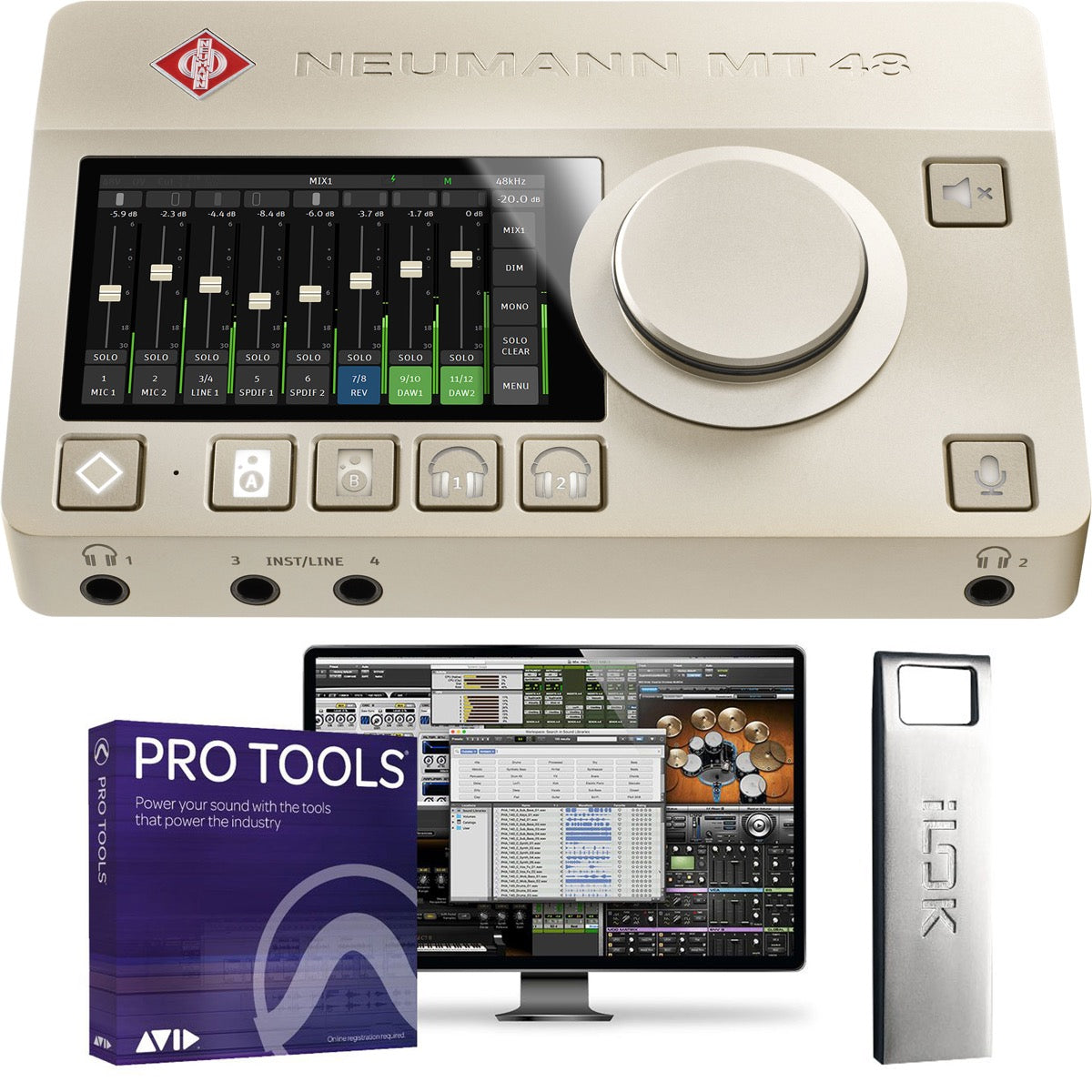 Collage showing components in Neumann MT 48 12in/16out USB-C Audio Interface PRO TOOLS BUNDLE