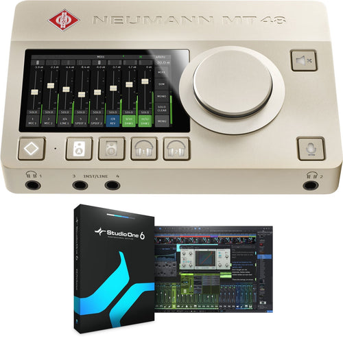 Collage showing components in Neumann MT 48 12in/16out USB-C Audio Interface STUDIO ONE BUNDLE
