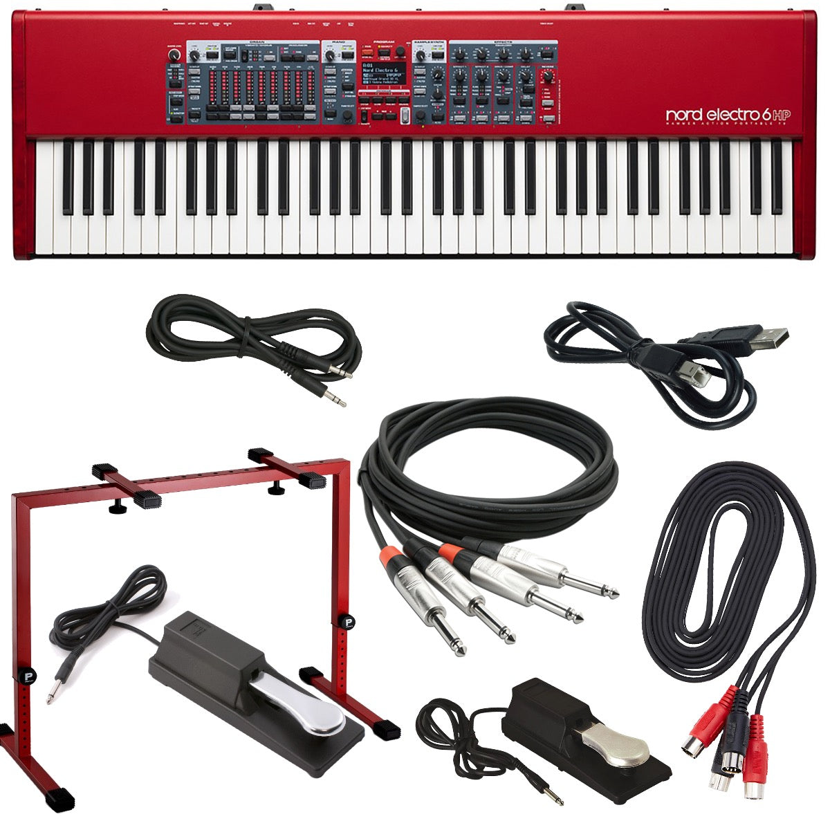 Collage of the components in the Nord Electro 6 HP 73 Stage Keyboard CABLE KIT bundle