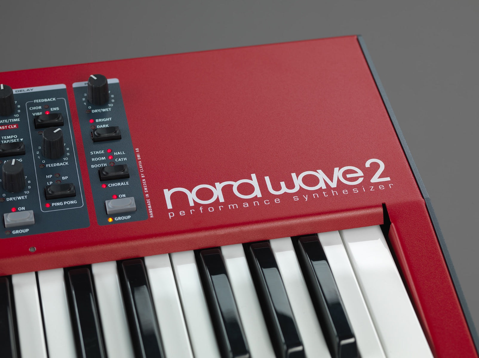 Detail closeup of Nord Wave 2 61-Key Performance Synthesizer showing logo, keybed and control panel